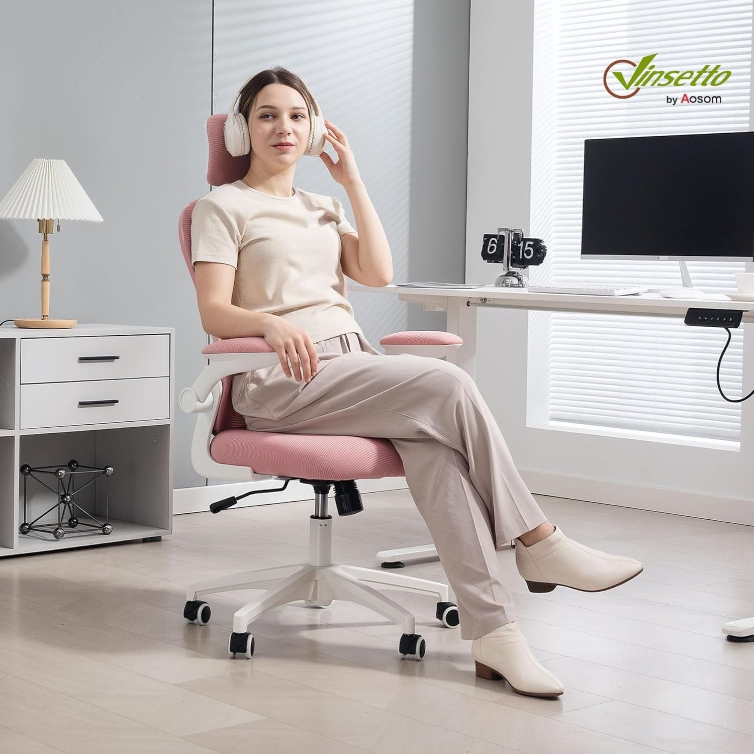 Ergonomic Mesh Office Chair Pink Adjustable Lumbar Headrest Swivel Desk Seat 120