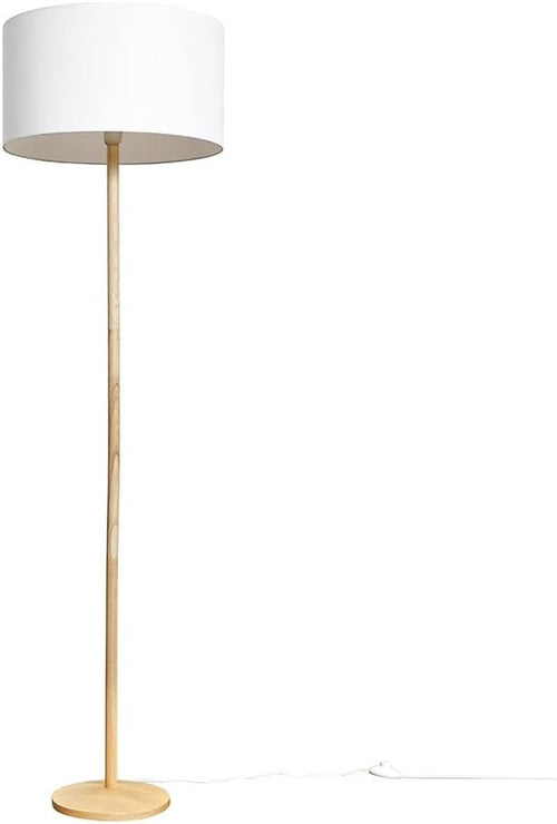Natural Wood Floor Lamp with White Drum Shade Modern Standing Light Home
