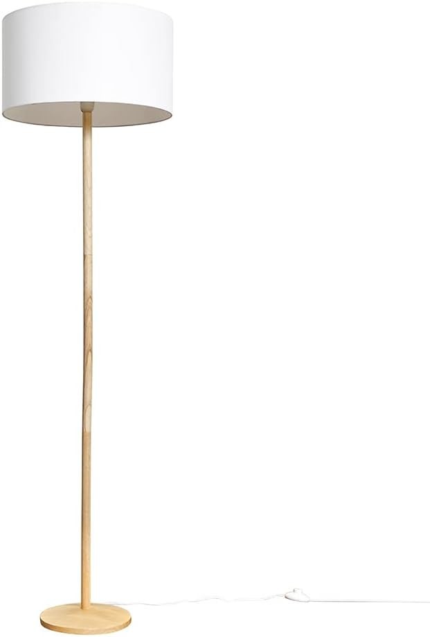Natural Wood Floor Lamp with White Drum Shade Modern Standing Light Home