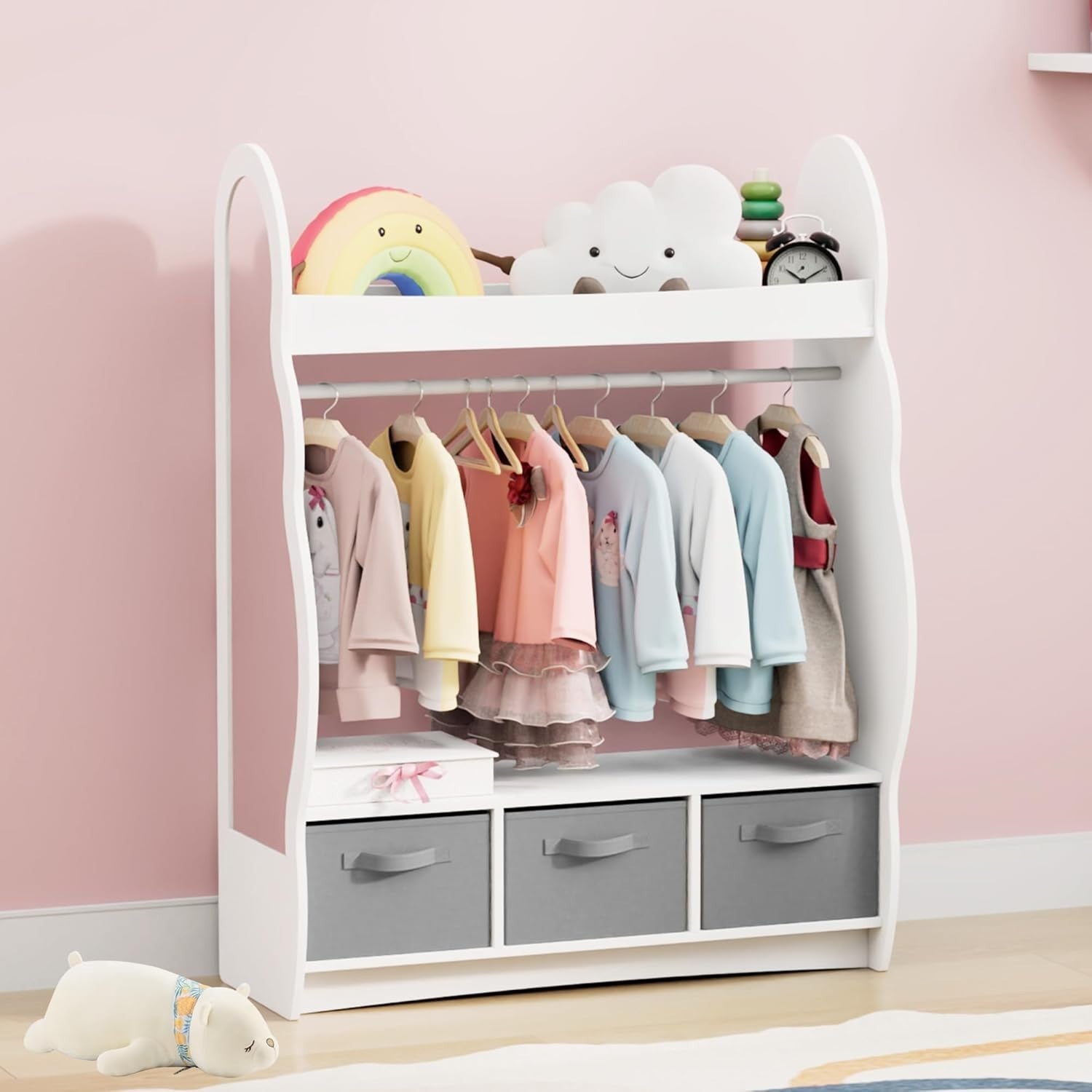 Kids Wardrobe with Mirror, Hanging Rail & 3 Drawers, White Cloud Design