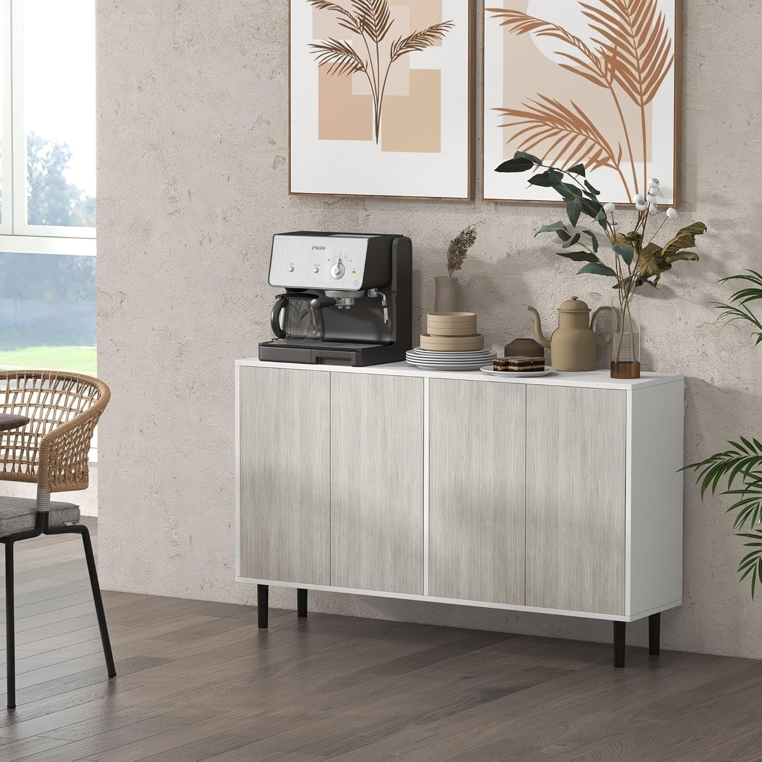 White Modern Sideboard with 4 Doors & Adjustable Shelves – Kitchen Storage