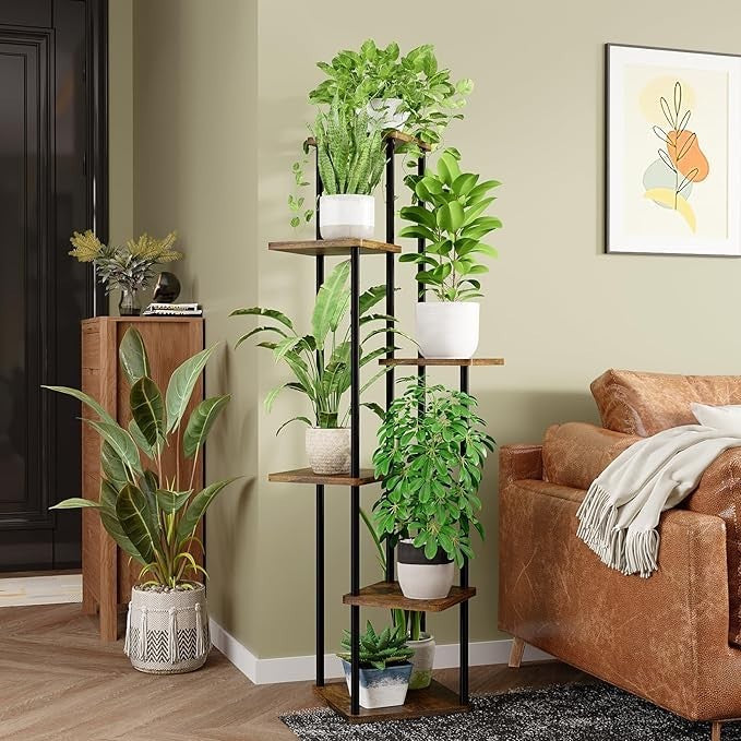 6 Tier Metal Wood Plant Stand Indoor Outdoor Corner Flower Shelf 59x30x130cm