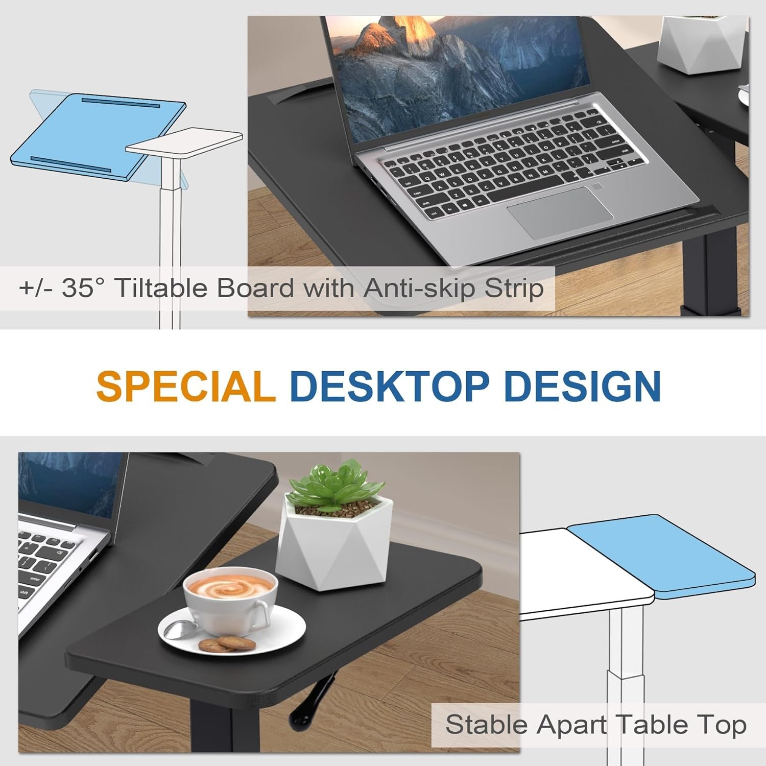 Black Overbed Laptop Table Adjustable Height Tilt Top Rolling Bedside Desk