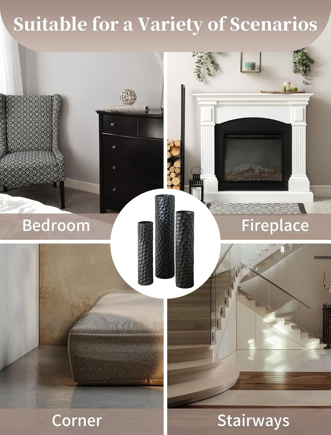 Large Black Metal Floor Vase Set Tall Modern Honeycomb Home Decor 3pcs