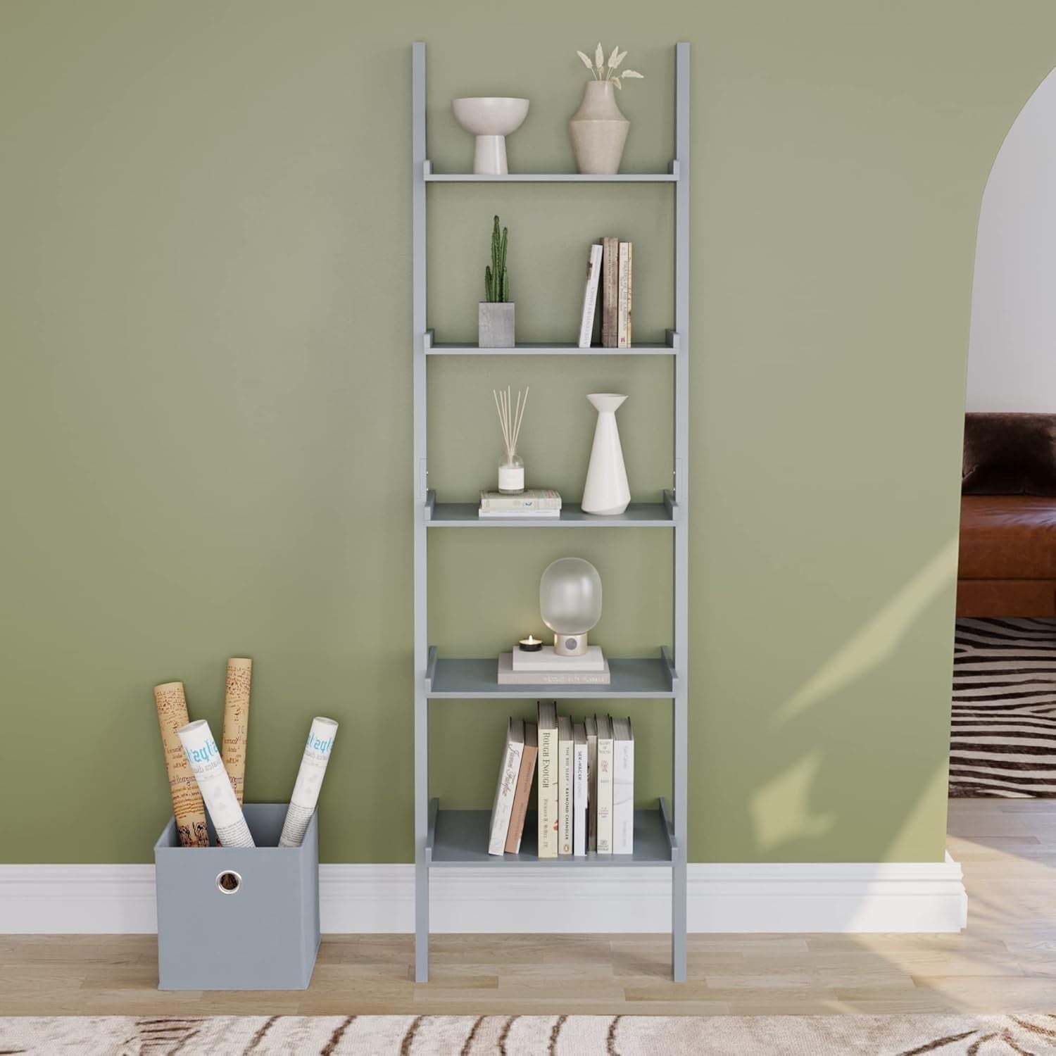 5 Tier Ladder Bookcase Leaning Shelf Space Saving Open Storage Black