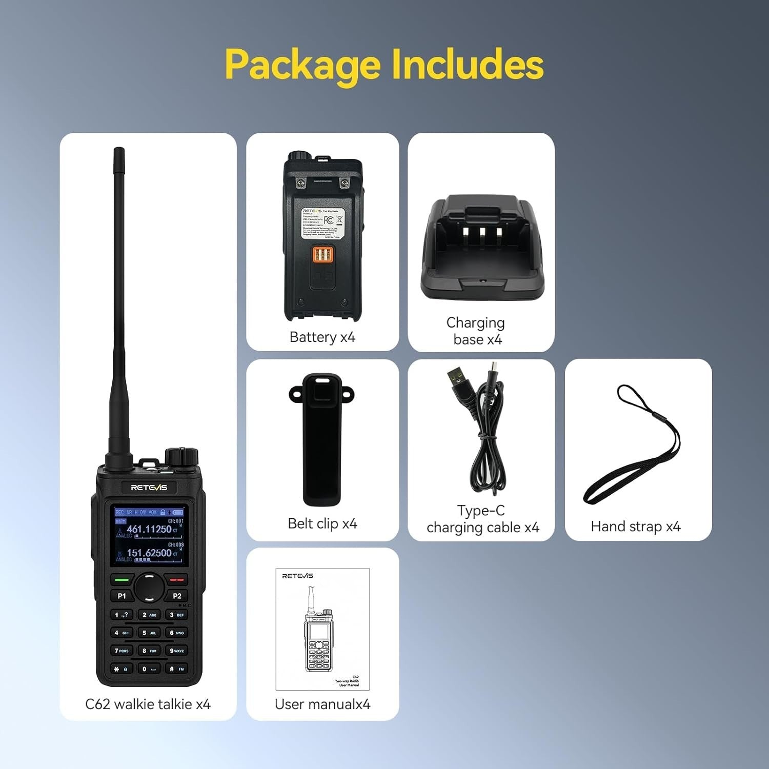 Dual Band Walkie Talkies 4 Pack Long Range 2000mAh Type-C Group Call