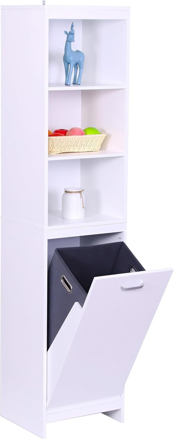 Tall Laundry Cabinet with Fold Out Hamper White Bathroom Storage Unit