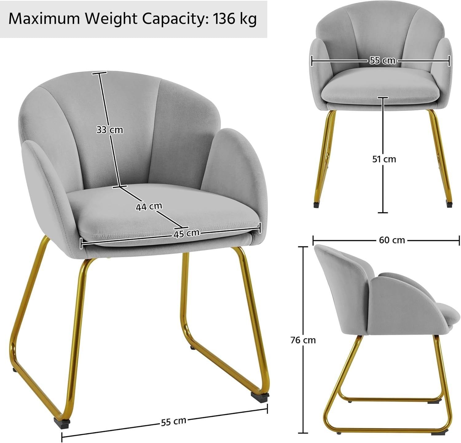 Grey Velvet Tub Vanity Chair Petal Accent Armchair with Gold Metal Legs