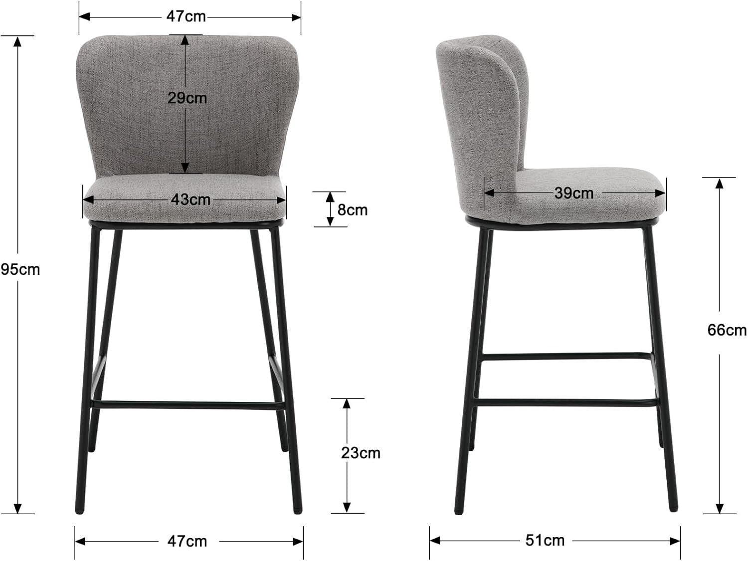 Grey Linen Bar Stool Set 2 – Upholstered High Counter Kitchen island Chairs