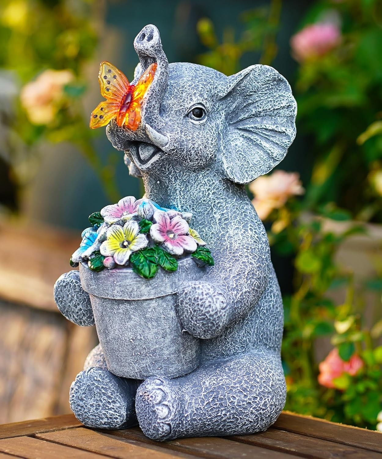 Solar Elephant Garden Ornament with Butterfly Light Resin Outdoor Decor Gift