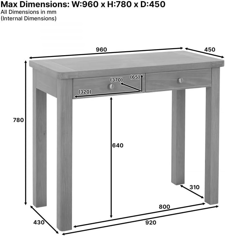 Putty Grey Wood Desk Dressing Table 2 Drawer Home Office Vanity Storage