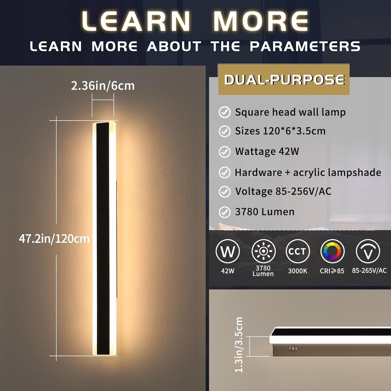 Outdoor LED Wall Lights 120cm, Waterproof, Warm White, 2 Pack, Modern Design