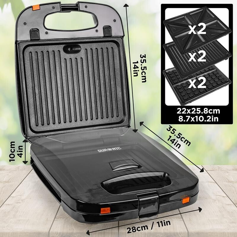 3-in-1 Snack Maker 1200W Waffle Toastie Grill Press Removable Plates