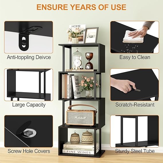 Modern S-Shaped 4-Tier Corner Bookshelf | Space-Saving Display Shelf | Black