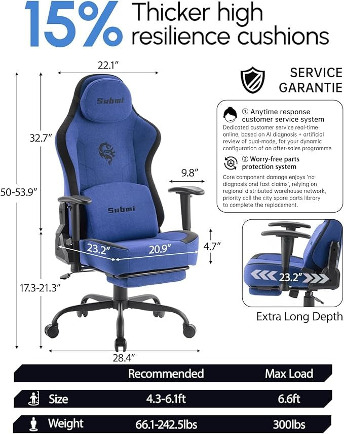 Ergonomic Blue Gaming Chair High Back Recliner with Footrest