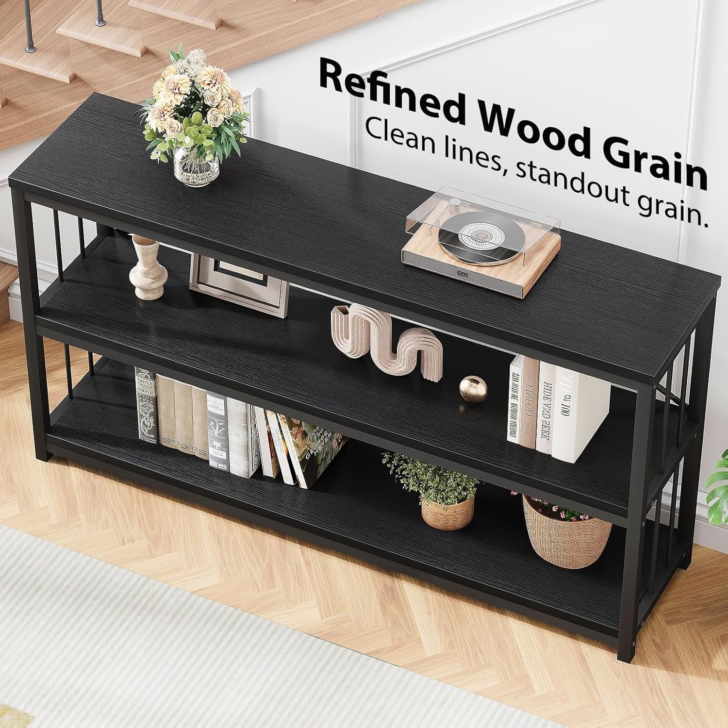 Modern Black Console Table with 3-Tier Storage, Industrial Metal Frame, 140cm