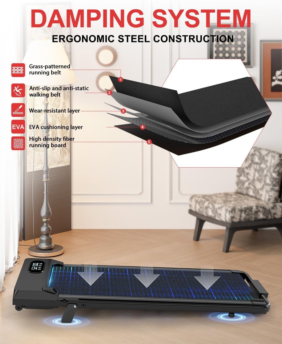 Under Desk Walking Treadmill 1-8km/h Incline Foldable Quiet Home Gym3