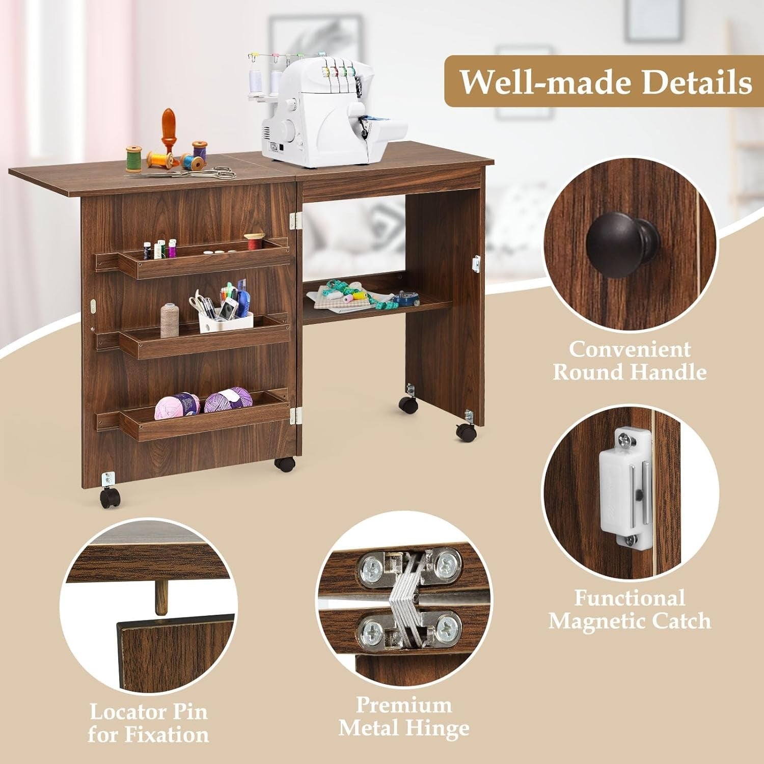 Folding Sewing Table 117cm Mobile Craft Desk with Shelves & Wheels Brown