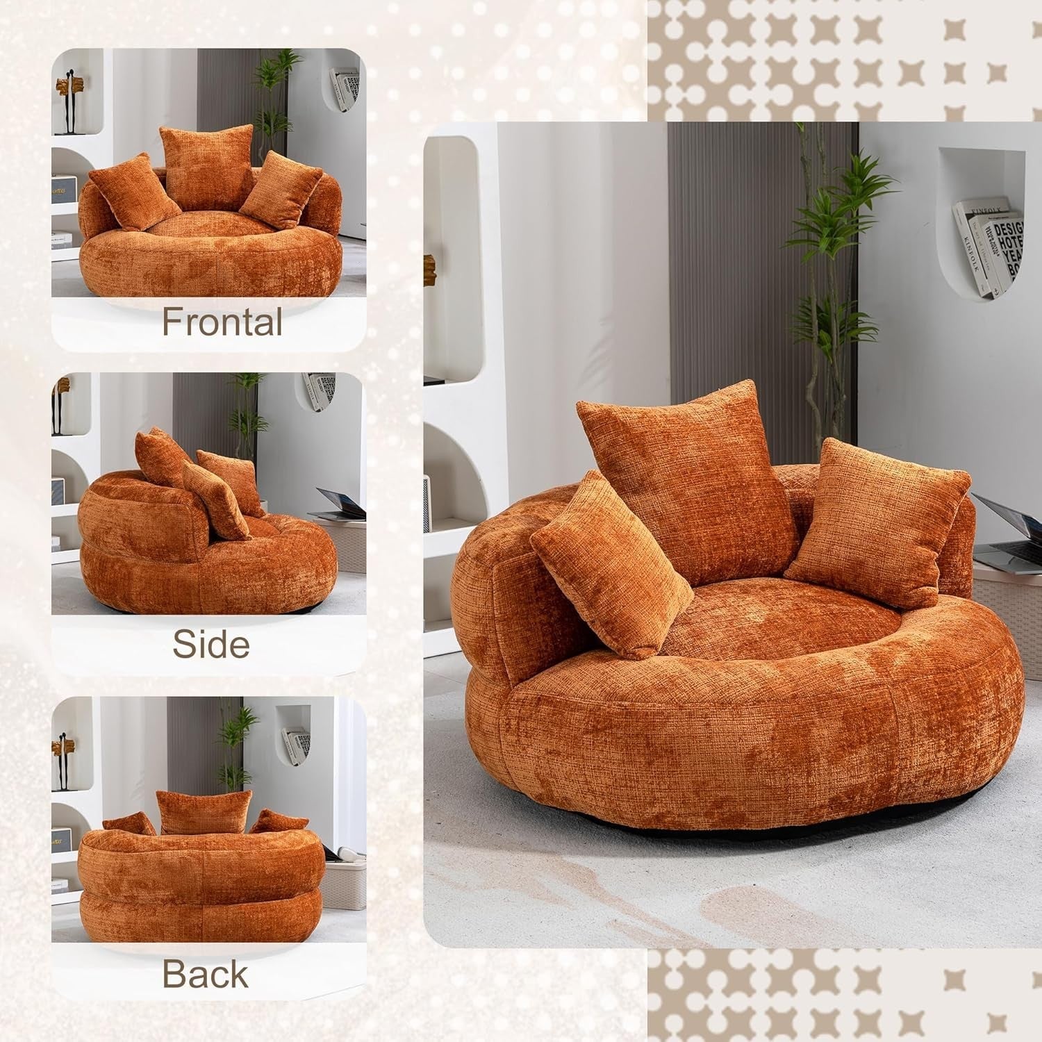 XL Bean Bag Chair Sofa for Adults – Plush Gaming Seat w/ 3 Pillows, Orange