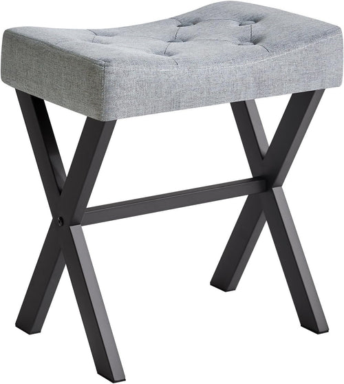 Blue Gray U-Shaped Linen Vanity Stool with X-Leg – Makeup Seat & Footrest