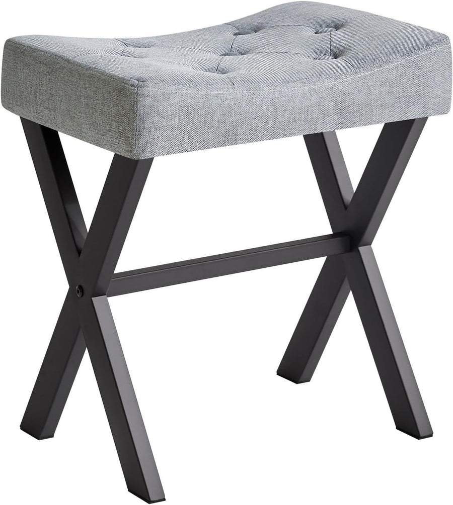 Blue Gray U-Shaped Linen Vanity Stool with X-Leg – Makeup Seat & Footrest