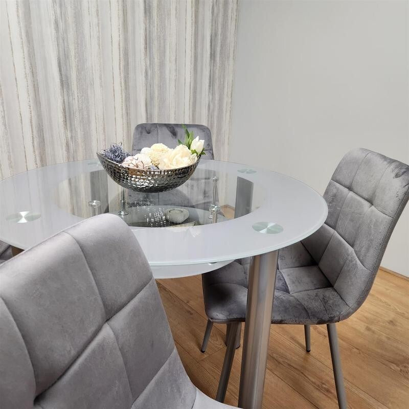 Round Glass Dining Table Set with 4 Grey Chairs Modern Kitchen Room