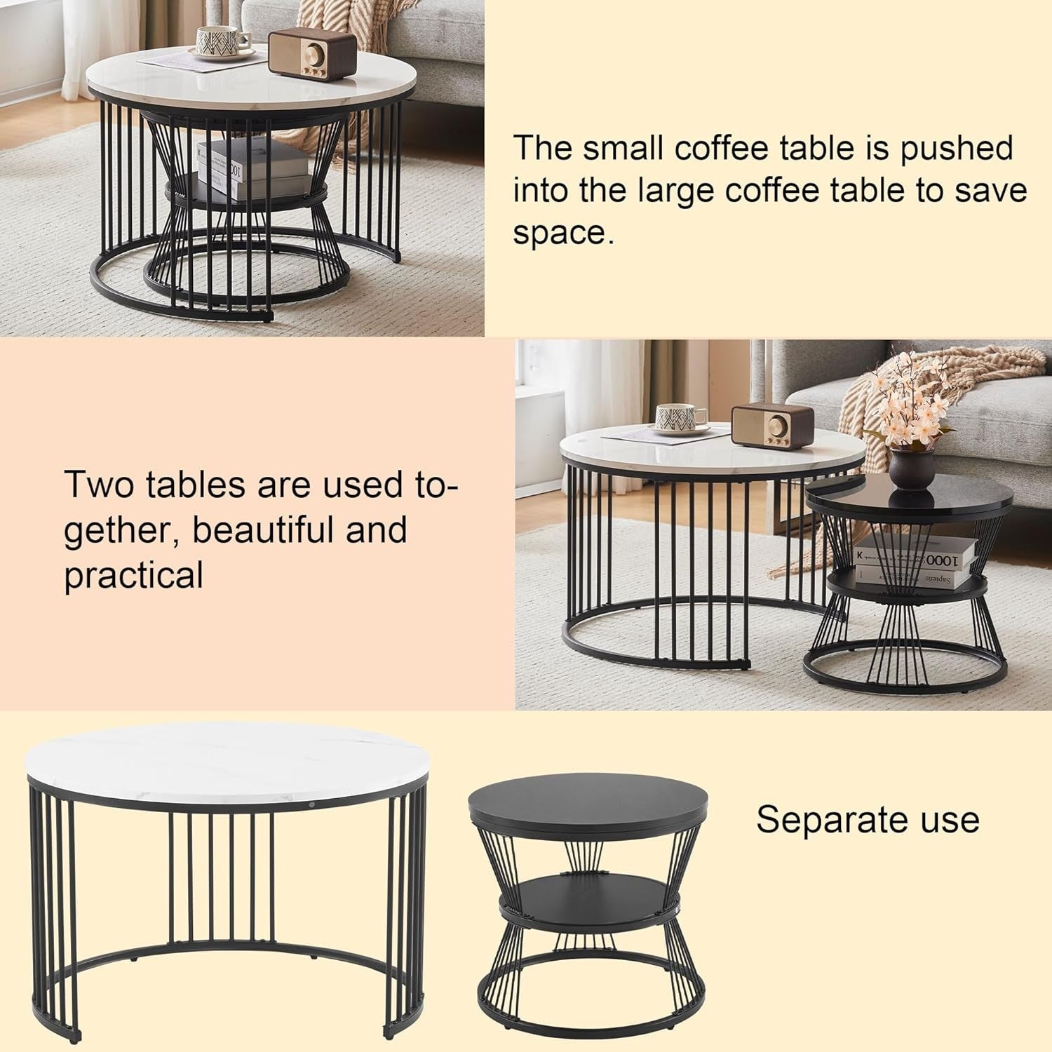 Nesting Coffee Tables Set of 2 Round Metal Frame Nightstand Black & White