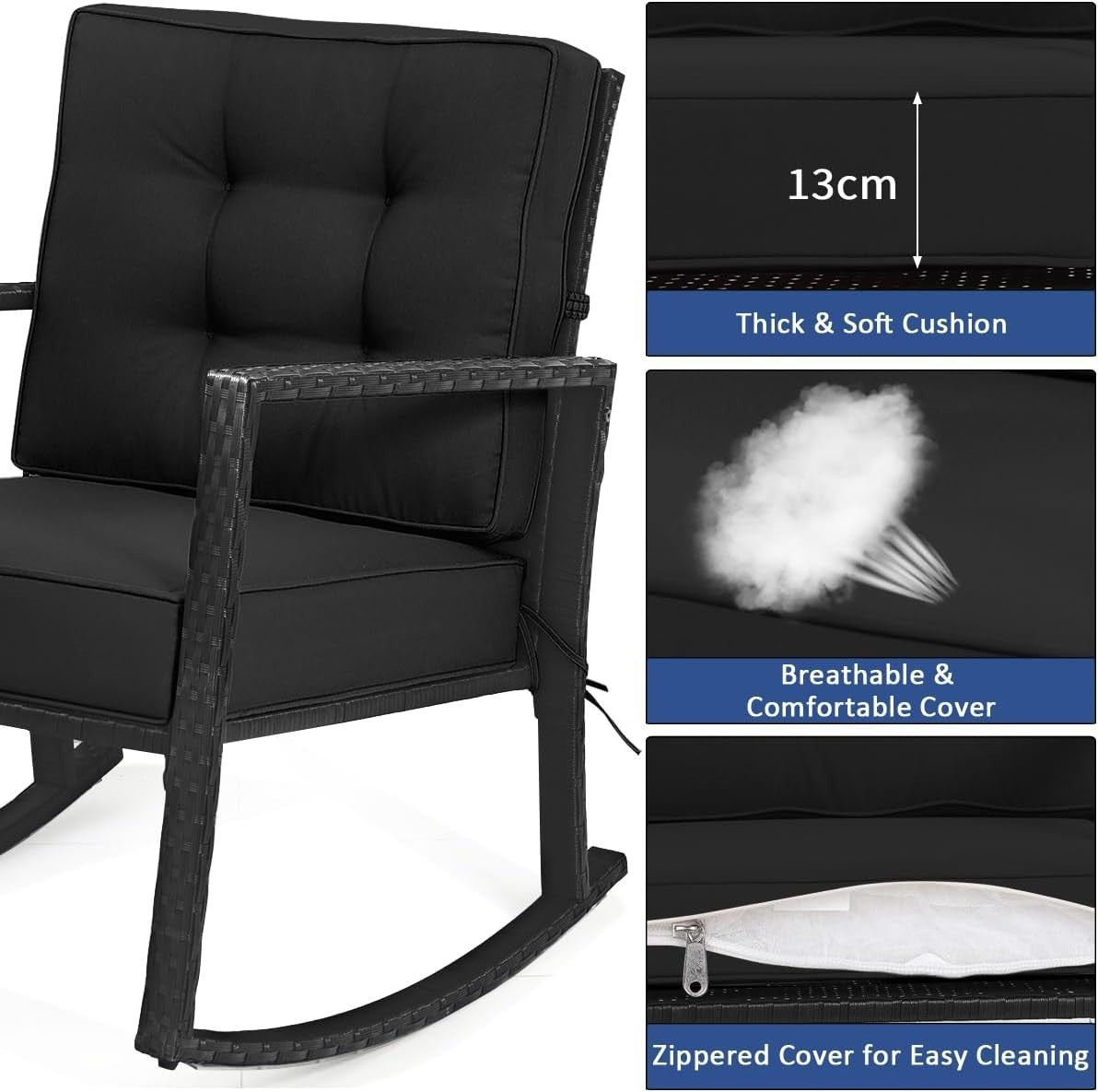Outdoor Rattan Rocking Chair Cushioned Patio Garden Porch Relaxer Seat