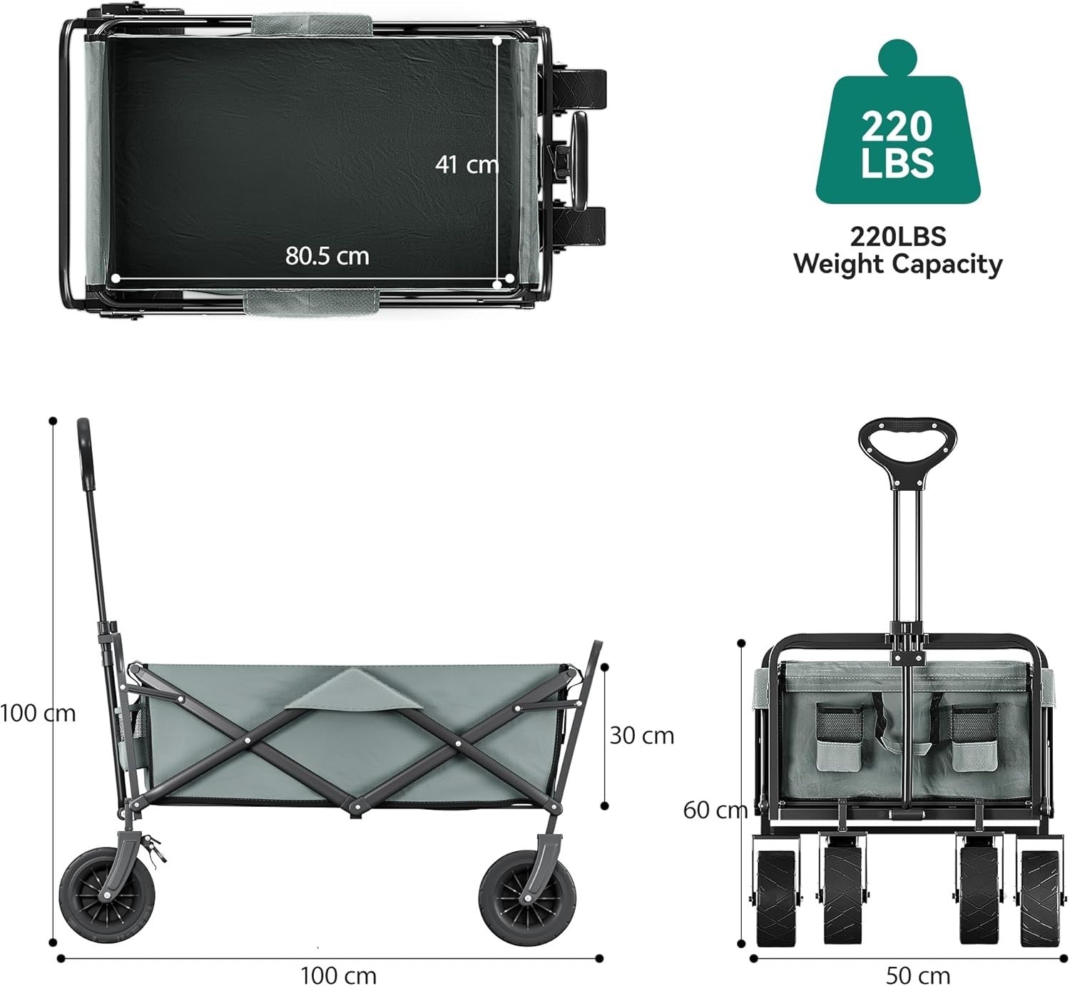 Grey Folding Beach Wagon Cart w/ Table Oversized Wheels Adjustable Handle 220lb