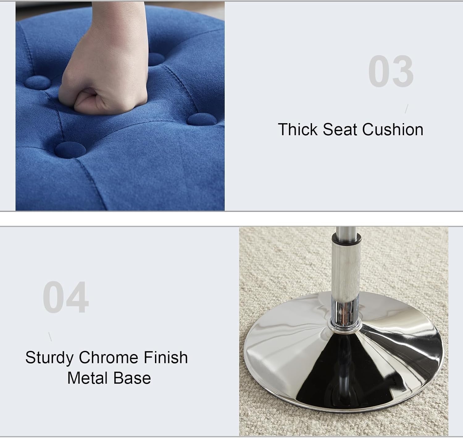 Blue Velvet Adjustable Vanity Chair – Round Swivel Makeup Stool with Chrome Base