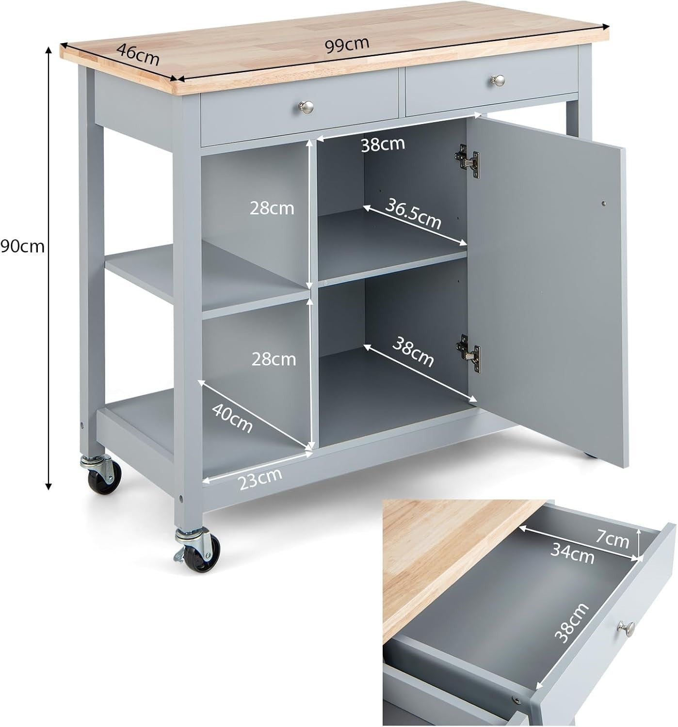 Mobile Kitchen Island Cart with Rubber Wood Top, Adjustable Shelves & Locking