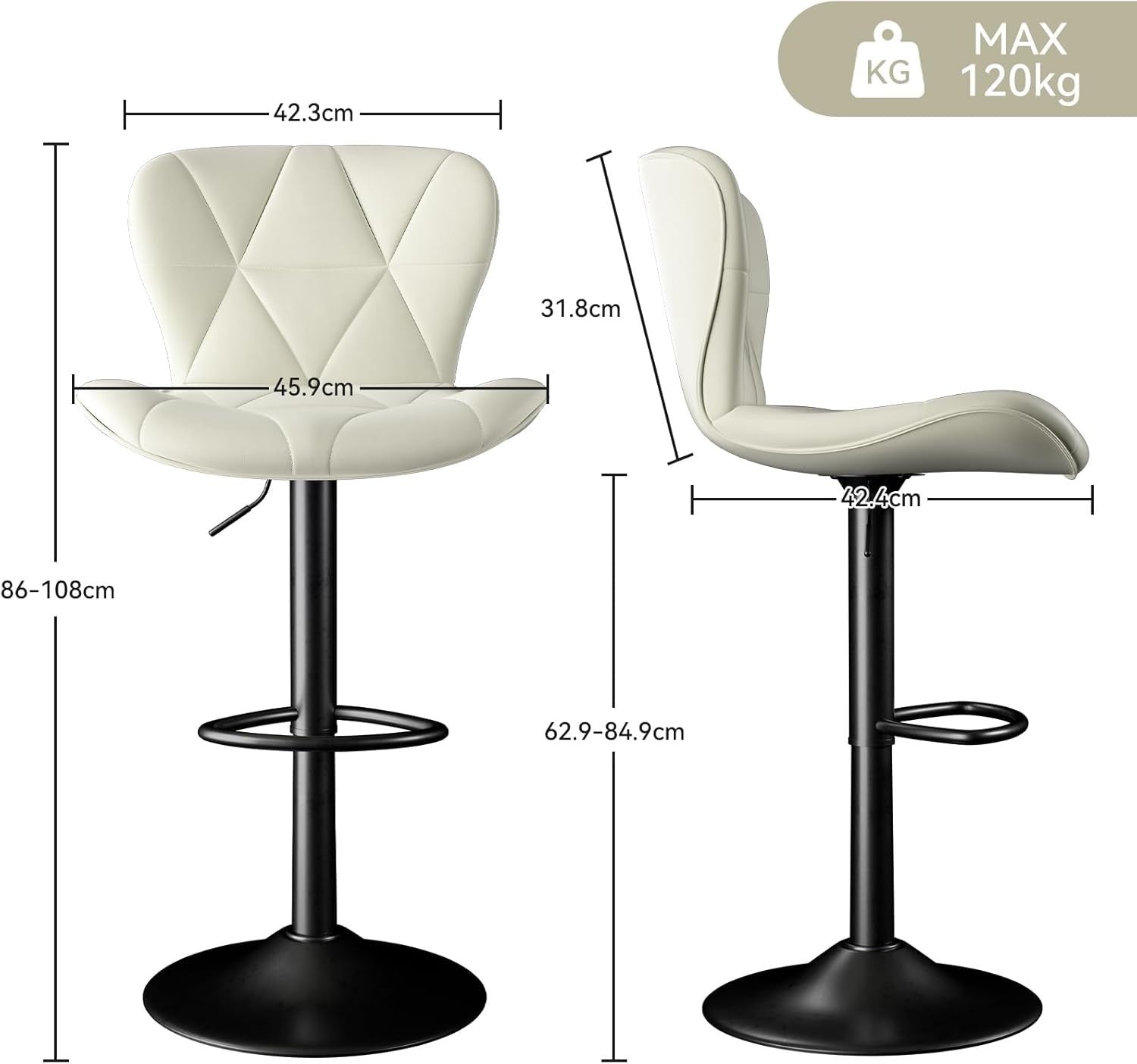 Adjustable Swivel Bar Stools Set of 2 Faux Leather Counter Height White