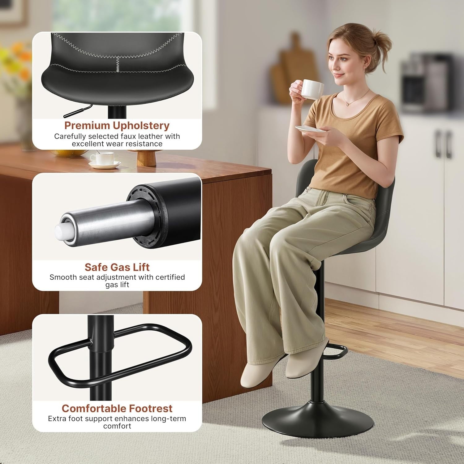 Adjustable Swivel Bar Stools Set of 2 Dark Grey PU Counter Height