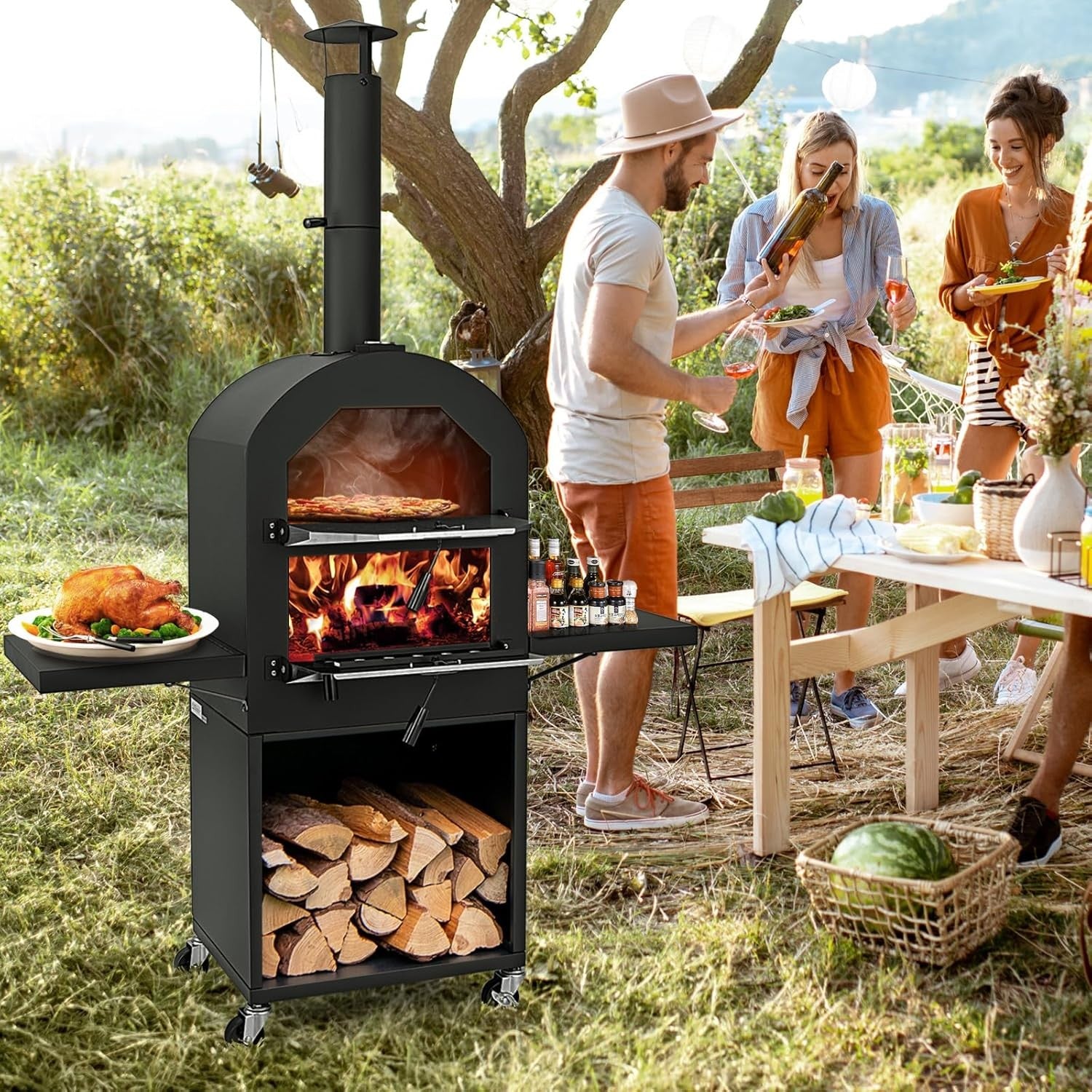 Outdoor Wood Fired Pizza Oven | BBQ Grill w/ Chimney, Shelves, Stone & Cover
