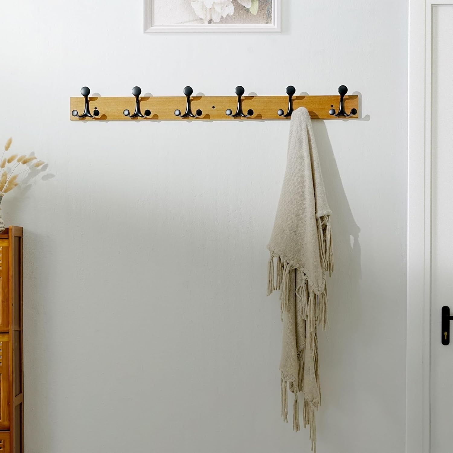 Light Brown Wood Wall Coat Rack 6 Triple Hooks | 99cm Modern Hanging Rail