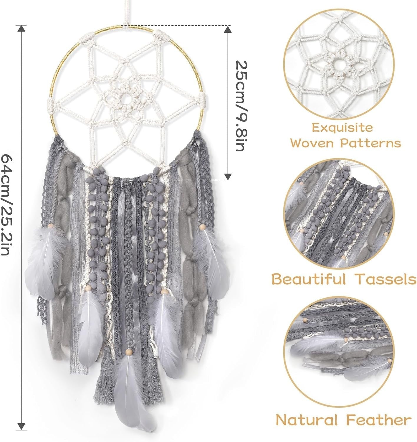 Boho Dream Catcher 64cm Woven Grey Feather Wall Hanging Decor