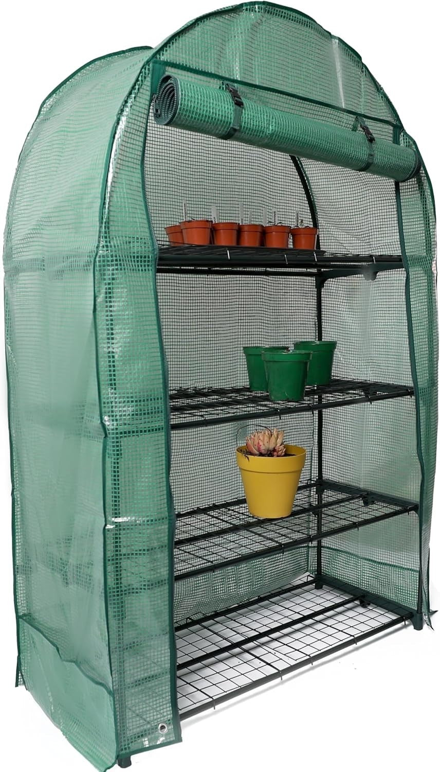 4-Tier Wide Greenhouse | Weatherproof PVC Cover | Roll-Up Door | Steel Frame