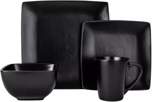 16pc Square Stoneware Dinner Set Black Plates Bowls Mugs Modern Dining