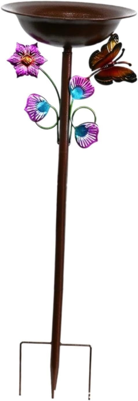 Outdoor Bird Bath Feeder Metal Butterfly Garden Stand Decor for Patio & Lawn