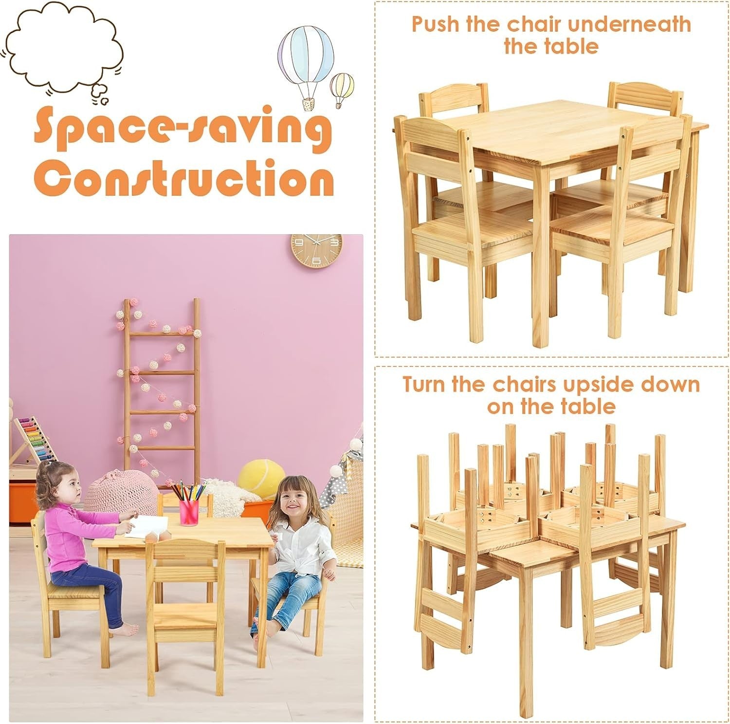 Kids Wooden Table & 4 Chairs Set – Sturdy Pine, Easy Clean, Perfect for Play & S