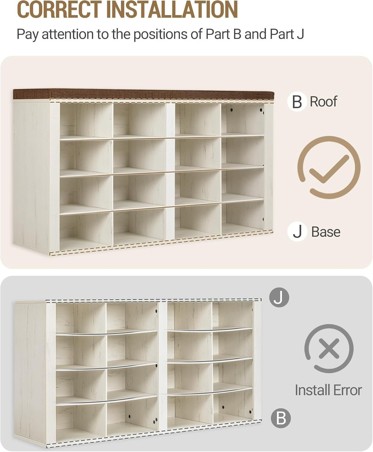 White & Brown Shoe Storage Bench with Cushion & 16 Adjustable Compartments
