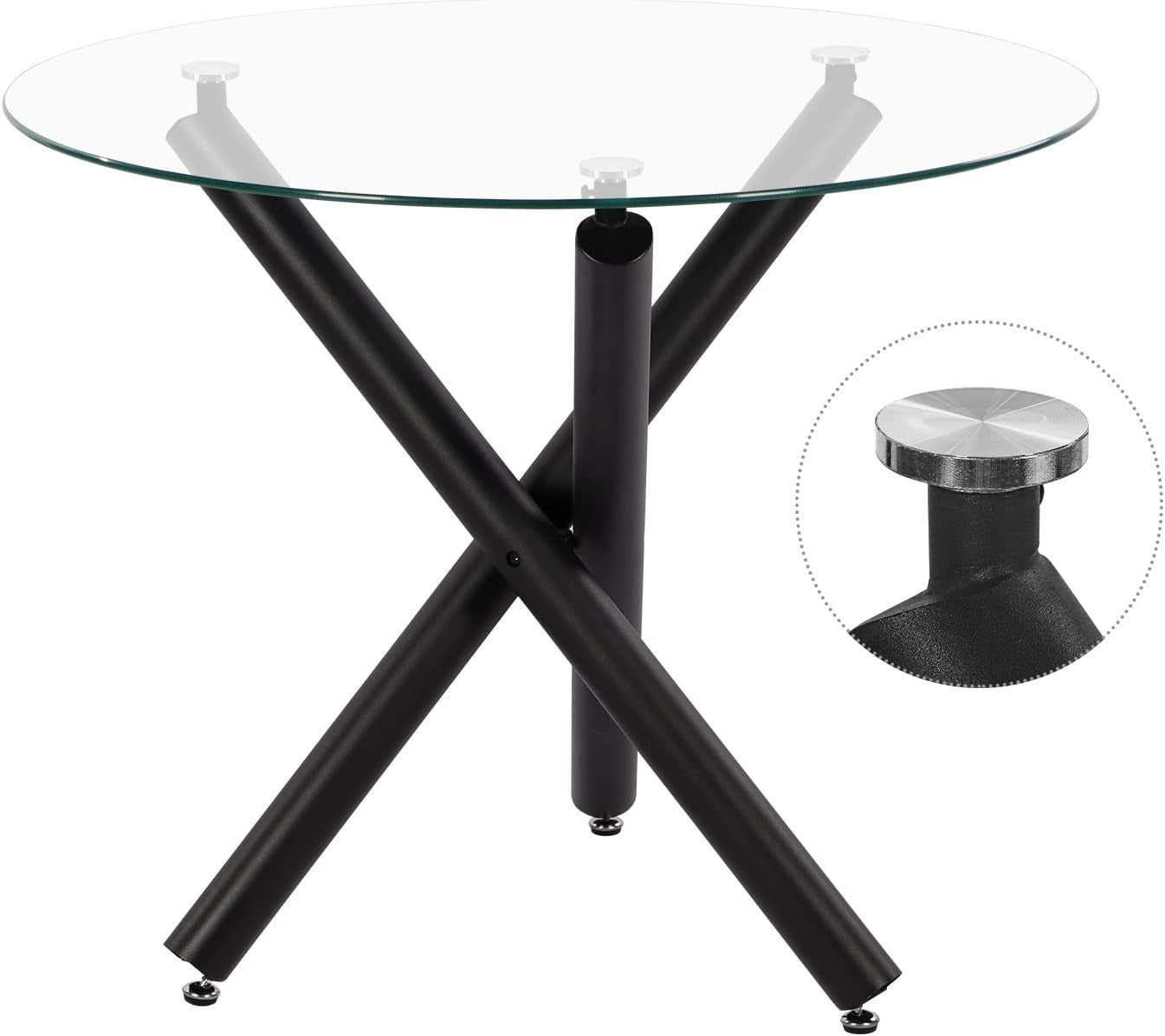 Modern Glass Dining Table Set 4 Black PU Leather Chairs Round Table