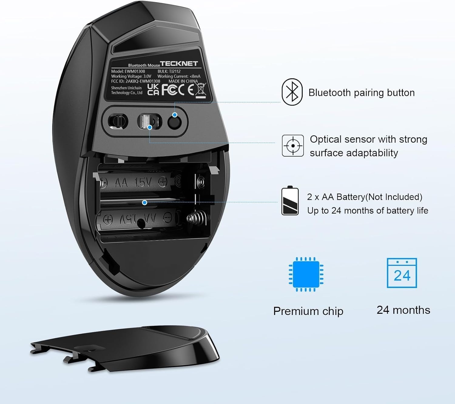 Bluetooth Wireless Mouse 4800DPI Ergonomic Silent Click Long Battery Grey