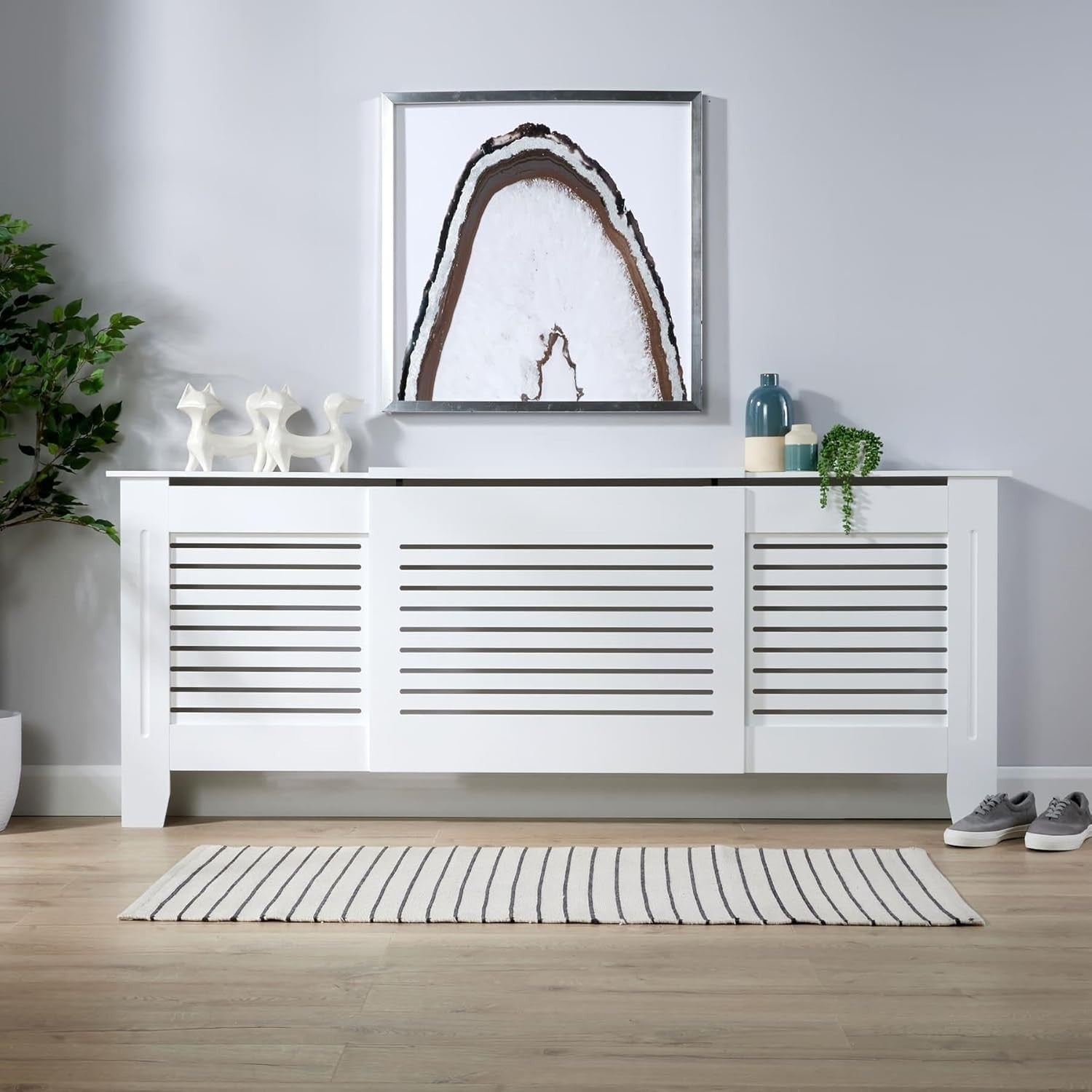 Adjustable White Radiator Cover Wooden Slatted Grill Cabinet 203x22x82cm