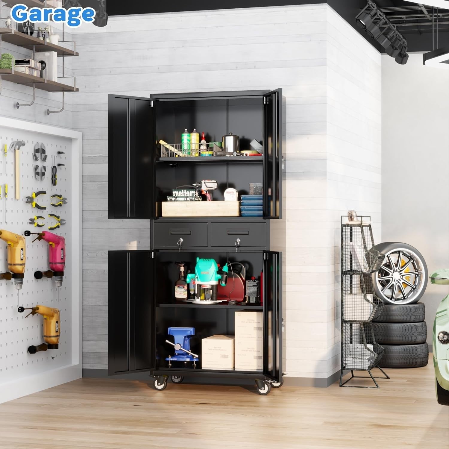 Heavy Duty Metal Garage Storage Cabinet with Locking Doors & Drawers