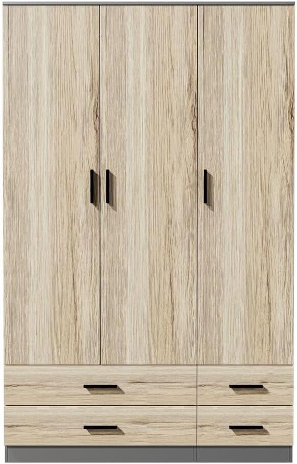 3 Door Wardrobe Grey Oak 4 Drawer Storage Hanging Rail Bedroom Cupboard