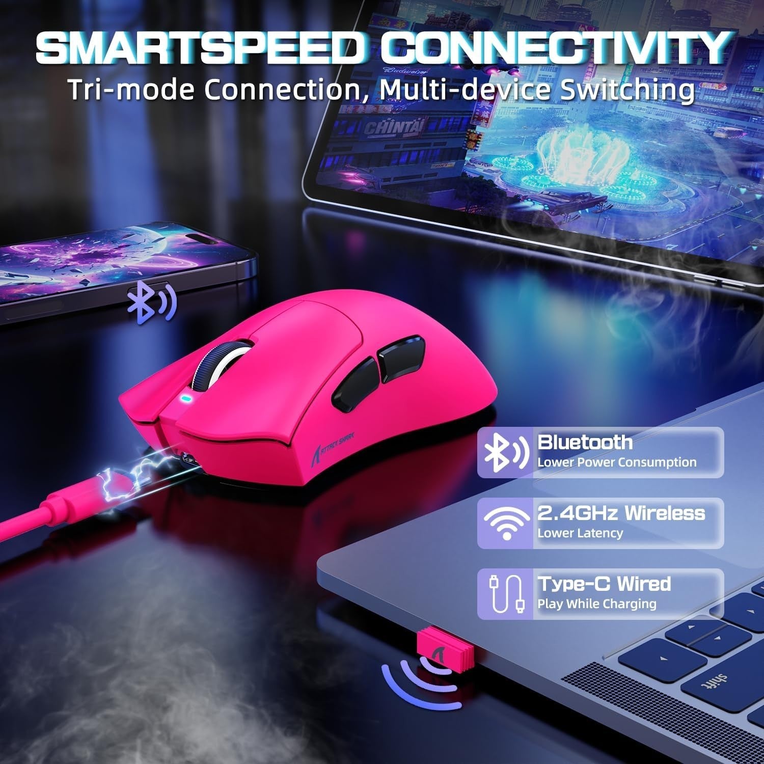 Wireless Gaming Mouse 25000 DPI 65g Superlight RGB Dock Pink
