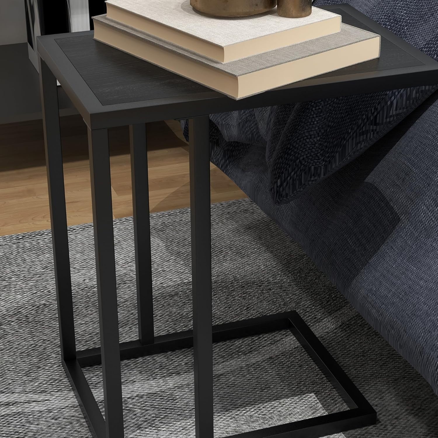Slim C Shape Sofa Side Table Black Wood | Metal Frame Snack Coffee Stand