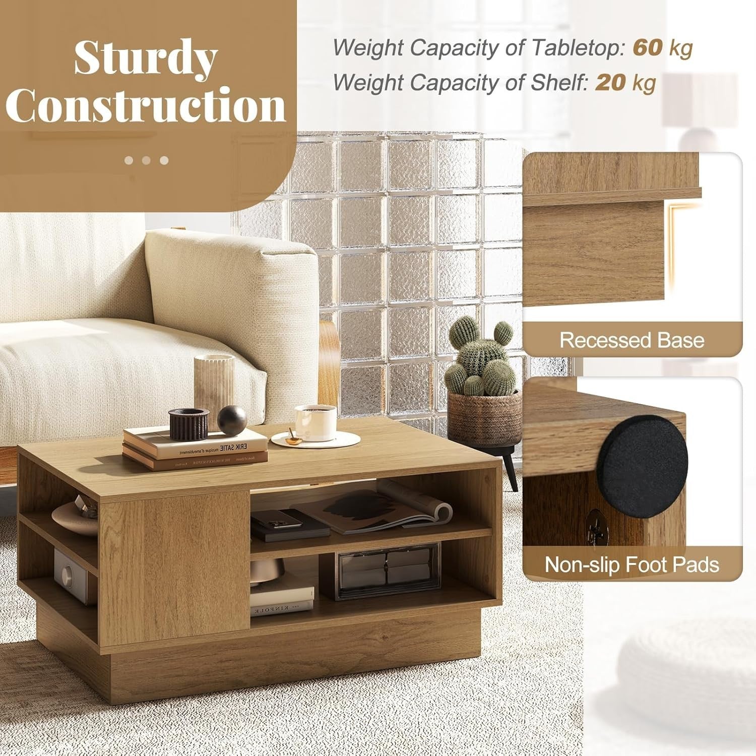 Modern Wooden Coffee Table with 2-Tier Storage & Recessed Base 86x56x41cm