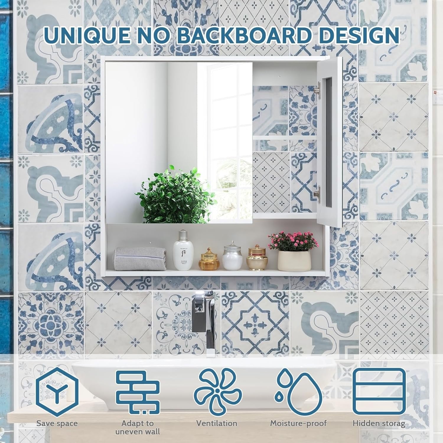 Double Door Bathroom Mirror Cabinet 78x75cm with Wall Mount & Storage Shelves